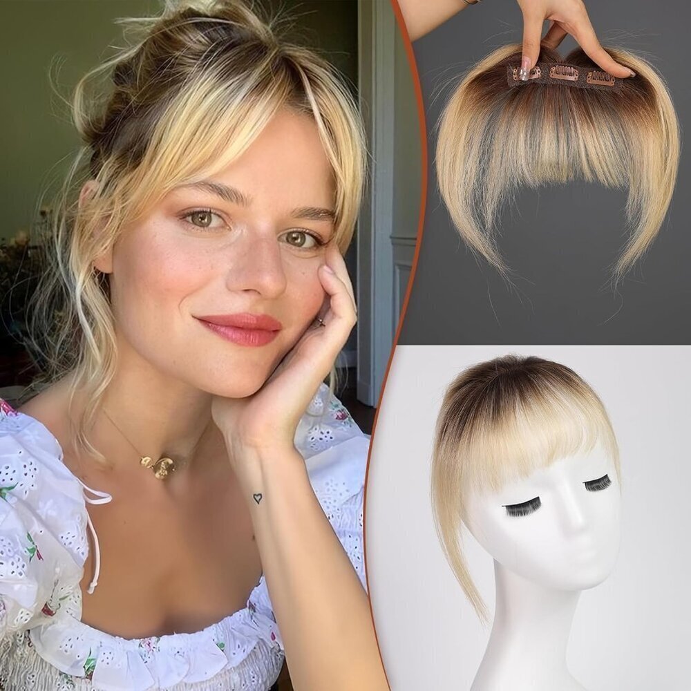 Hair Bangs Clip in Human Hair Full Fringe Light Blonde Natural Look